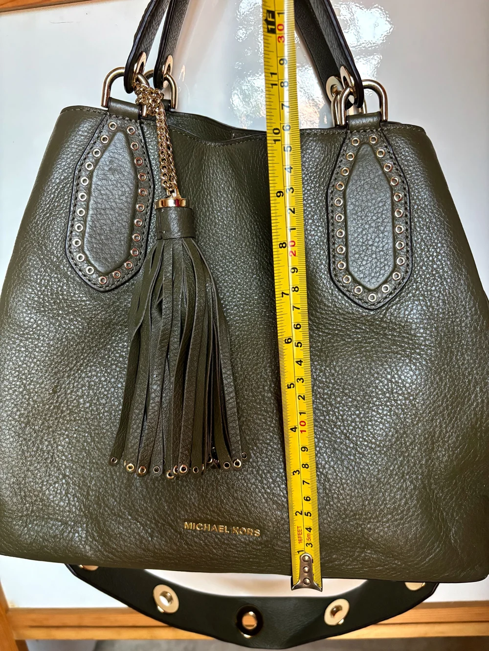Michael Kors Olive Leather Tote with Tassel and Gold Accents